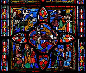 Vindu som viser den andre delen av vindu w7: i midten er korsfestelsen av St. Peter; andre steder er St Peter før Nero; St Peter fengslet; djevelen tar en sjel n av French School