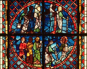 Vindu fra Jomfrukapellet som viser israelittene i ørkenen og Moses på Sinai-fjellet, ca. 1240-50 av French School