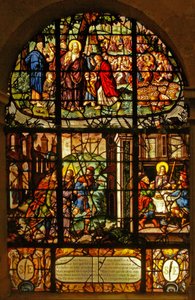Window in the Charnier (w.4) som viser matingen av de 5000 og møtet og kveldsmaten i Emmaus av French School
