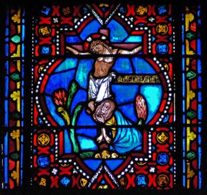 Vindu n1-L som viser en scene fra livet til Maria Magdalena - helgenen ved foten av korset av French School