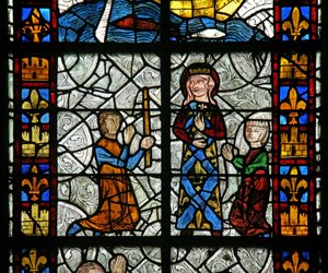 Vindu n1 som viser Saint Radegonde: En kur ved helgengraven; av gikt? (Sannsynligvis ikke den tradisjonelle Godas-kuren) av French School