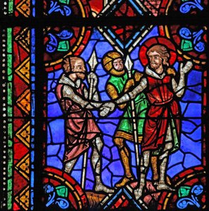 Vindu w06 som viser historien om St. Julian av Brioude - St. Ferreol, en venn av Julien, som døde under Diokletian-forfølgelsene, blir arrestert av French School