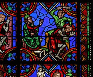 Vindu w06 som viser historien om St. Julian av Brioude - St. Ferreol, en venn av Julien, som døde under Diokletian-forfølgelsene, blir tatt til fange og slått av French School