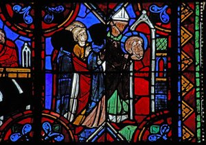 Vindu w06 som viser historien om St. Julian av Brioude - døden til St. Ferreol, en venn av Julien, som døde under Diokletian-forfølgelsene; hans relikvier blir overført av French School