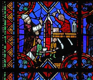 Vindu w06 som viser byggingen av en kirke av French School
