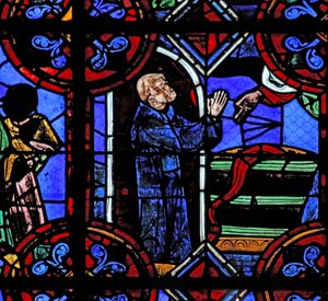 Vindu w06 som viser miraklet med den fulle vintønnen ved stiftelsen av St Juliens kloster av French School