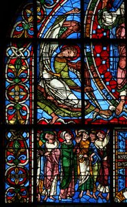 Vindu w0 som viser apostlene og jomfru Maria ved Kristi himmelfart av French School