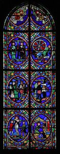 Vindu w.101 som viser scener fra livet til St. Pantaléon av French School