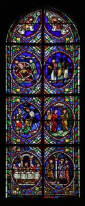 Vindu w.102 som viser scener fra livet til St. Pantaléon av French School
