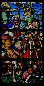 Vindu w107 som viser en scene fra St Claudes liv av French School