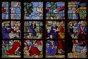 Vindu w10 som viser 4 scener: Inntoget i Jerusalem, i Getsemene, sviket, før Kaifas av French School