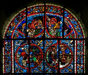 Vindu w12-L som viser engler bærer sjeler til paradis; fragmentarisk panel - en biskop? Abrahams barm av French School
