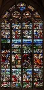 Vindu w124 som viser Abraham og Melkisedek; St James i kamp med maurene i Spania; scener fra St James