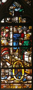 Vindu w126 som viser en scene fra St. Nicholas liv av French School