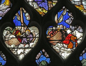 Vindu w12 som viser Jesus som går på vannet med St Peter av French School