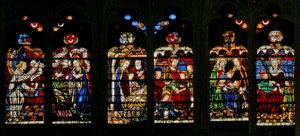 Vindu w132 som viser bebudelsen, fødsel: Mary Cleophas med St James Less: Mary Salome med St John: St Anne med Jomfruen som en treenighet av French School