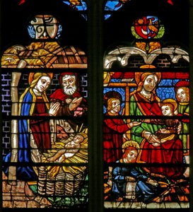 Vindu w132 som viser fødselen; Mary Cleophas og barneapostler av French School