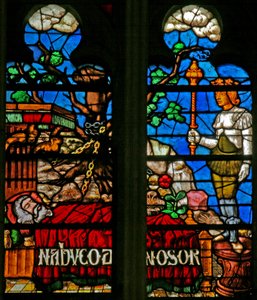 Vindu w136 som viser scener fra historien om Daniel av French School