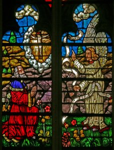 Vindu w136 som viser scener fra historien om Daniel: en visjon om korsfestelsen av French School