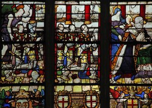 Vindu w13 som viser Anne de Montmorency med sin skytshelgen St Anne (lærer jomfruen å lese) og 5 av sønnene hans av French School