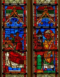 Vindu w13 som viser en scene fra en legende om St Nicholas: Three Girls er reddet fra prostitusjon av saits generøsitet av French School