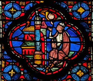 Window w15 Holy Relics: Guiriace anbefalt av en engel (fra en St Helen-serie?) av French School