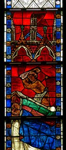 Vindu w15 som viser en scene fra en legende om St. Nicholas: miraklet med 3 gutter: en slakter dreper tre gutter av French School