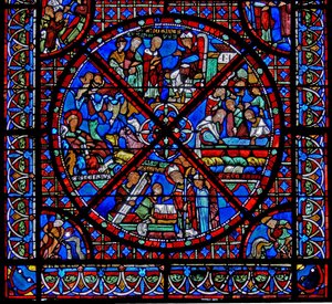 Vindu w15 som viser historien om St Stephens relikvier: den nederste delen av vinduet av French School