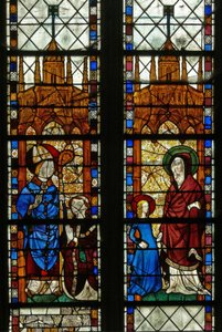 Vindu w17 som viser St. Nicholas og giveren Oudin de Troyes; St Anne og Jomfru Maria av French School
