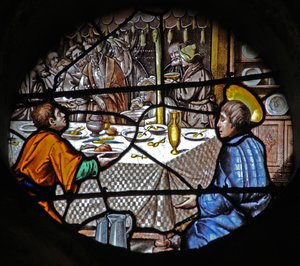 Vindu w18 som viser en scene fra Life of St Yves - av French School