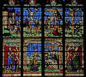 Vindu w19 som viser korsfestelsen, avsetningen og Pieta av French School
