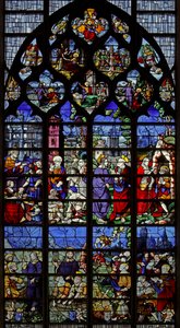 Vindu w1 som viser scener fra St Peters liv av French School