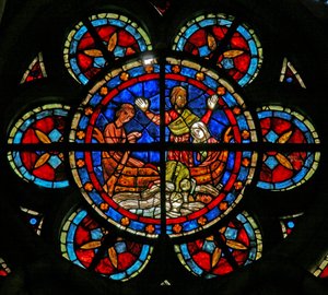 Vindu w205 som viser en scene fra en legende om St Nicholas: guttens mirakel og koppen av French School