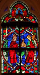 Vindu w209 som viser en scene fra en legende om St Nicholas: en djevel gir reisende væske av French School