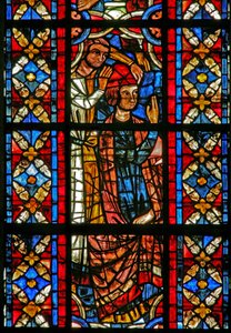 Fenster w209, eine Szene aus dem Leben des heiligen Savinien darstellend: gefoltert mit einem glühenden Helm von French School