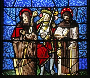 Vindu w20 som viser St Dominic og St Francis med en chevalier som holder et sverd av French School