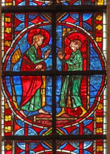 Vindu w210 som viser St James og magikeren Hermogenes-lærlingen Philetus av French School