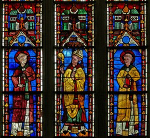 Vindu w21 som viser St Sylvester med giveren Jean de Bernieres; St Protais av French School