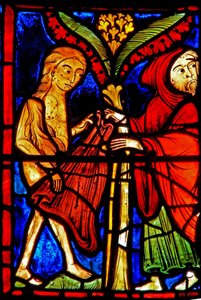 Vindu w21 som viser Zosimus gir St. Mary den egyptiske kappen sin av French School