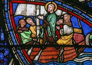 Vindu w21 som viser en scene fra St Eustaches liv: han reiser med familien til Egypt av French School