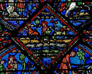 Vindu w21 som viser en scene fra livet til St Eustache: barna hans blir båret bort av ville dyr av French School