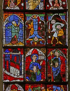 Vindu w221 som viser Quo Vadis; St Pauls martyrium, St Peters korsfestelse; en profet av French School