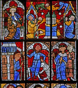 Vindu w221 som viser en scene fra St Peters liv: Simon Magus prøver å fly; forandrer seg til en sau av French School