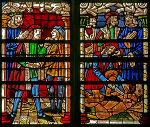 Vindu w232 som skildrer en scene fra historien om den fortapte sønn: når han kommer tilbake blir han kledd på nytt; fettkalven avlives av French School