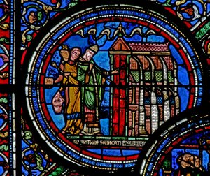 Vindu w23 som viser St Thomas Becket som innvier en kirke av French School