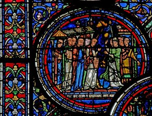 Vindu w23 som viser St Thomas Becket mottatt av munkene på Canterbury av French School