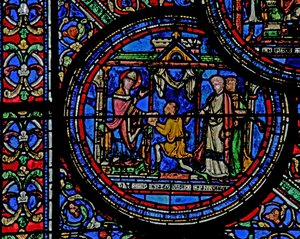 Vindu w23 som viser St. Thomas Becket mottar en melding fra kongen av French School