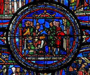Vindu w23 som viser St. Thomas Becket mottar utsendinger fra kongen av French School