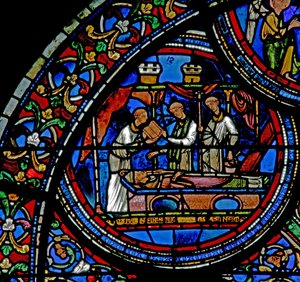 Vindu w23 som viser begravelsen av St. Thomas Becket av French School