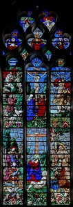 Vindu w25 som viser korsfestelsen med Hubert og St Christopher; nedenfor er giveren Louis de Roncherolles og kona Francoise de Halluin med St. Louis og St. Francis av French School